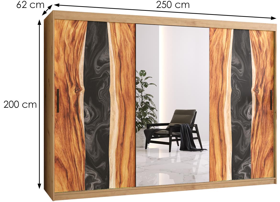 Resin II klizni ormar 3 vrata/ogledalo 250x62x200 cm crni/natur (artisan hrast)motiv godova