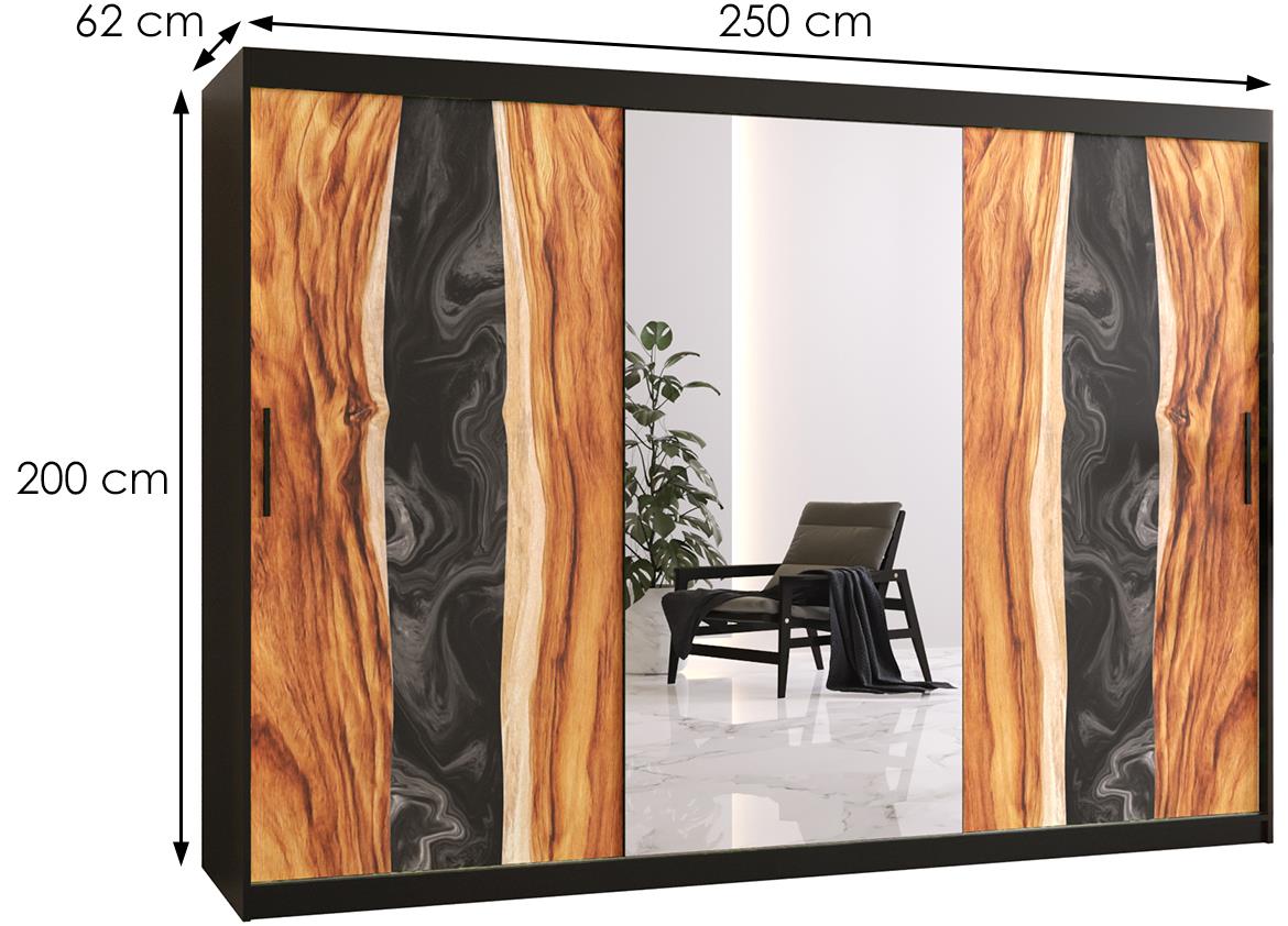 Resin II klizni ormar 3 vrata/ogledalo 250x62x200 cm crni/motiv godova