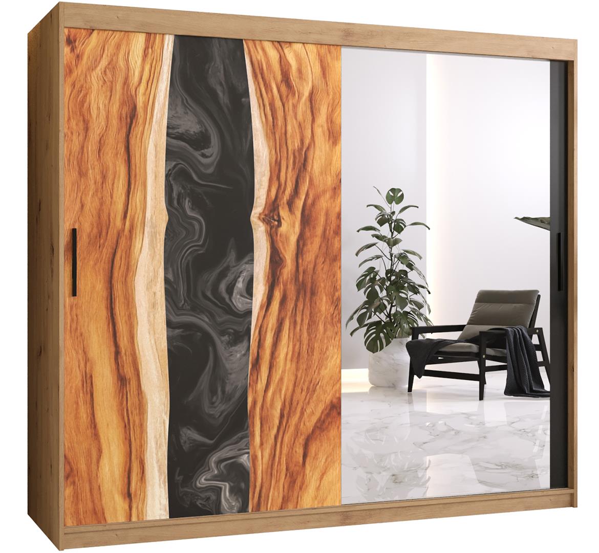 Resin II klizni ormar 2 vrata/ogledalo 200x62x200 cm crni/natur (artisan hrast)motiv godova