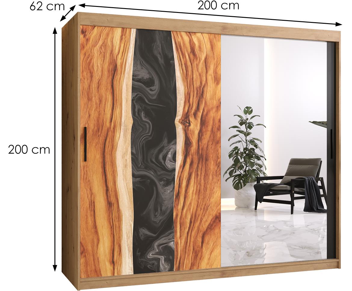 Resin II klizni ormar 2 vrata/ogledalo 200x62x200 cm crni/natur (artisan hrast)motiv godova