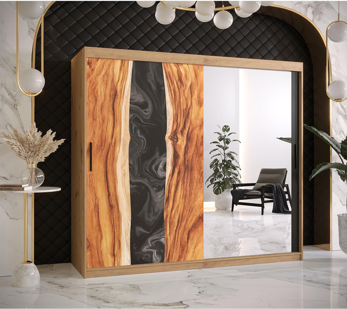 Resin II klizni ormar 2 vrata/ogledalo 200x62x200 cm crni/natur (artisan hrast)motiv godova
