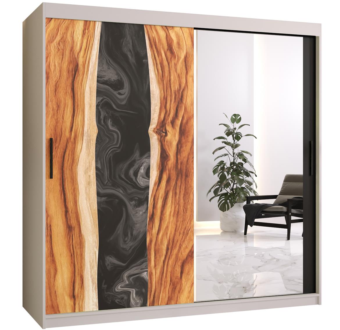 Resin II klizni ormar 2 vrata/ogledalo 180x62x200 cm crni/beli/motiv godova