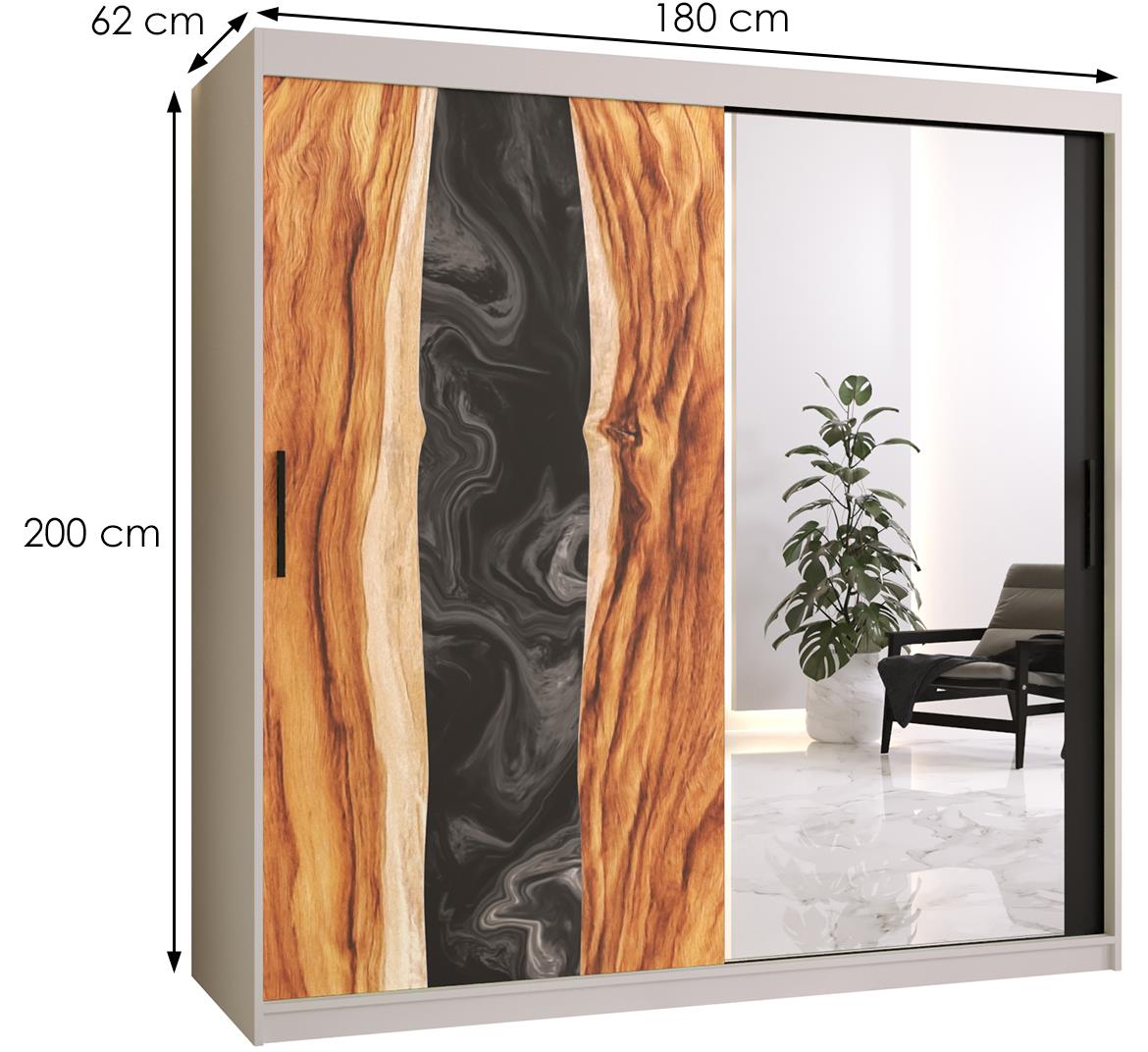 Resin II klizni ormar 2 vrata/ogledalo 180x62x200 cm crni/beli/motiv godova