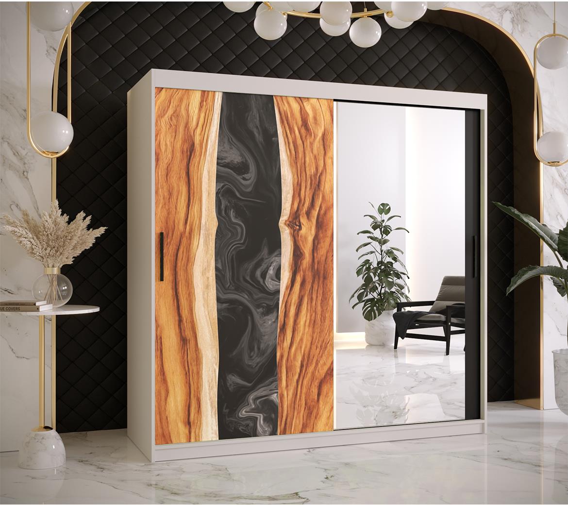 Resin II klizni ormar 2 vrata/ogledalo 180x62x200 cm crni/beli/motiv godova