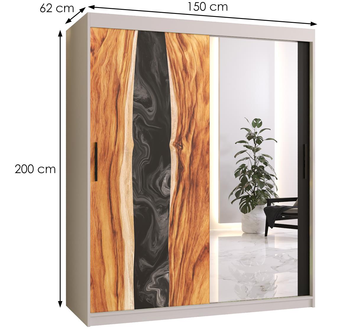 Resin II klizni ormar 2 vrata/ogledalo 150x62x200 cm crni/beli/motiv godova