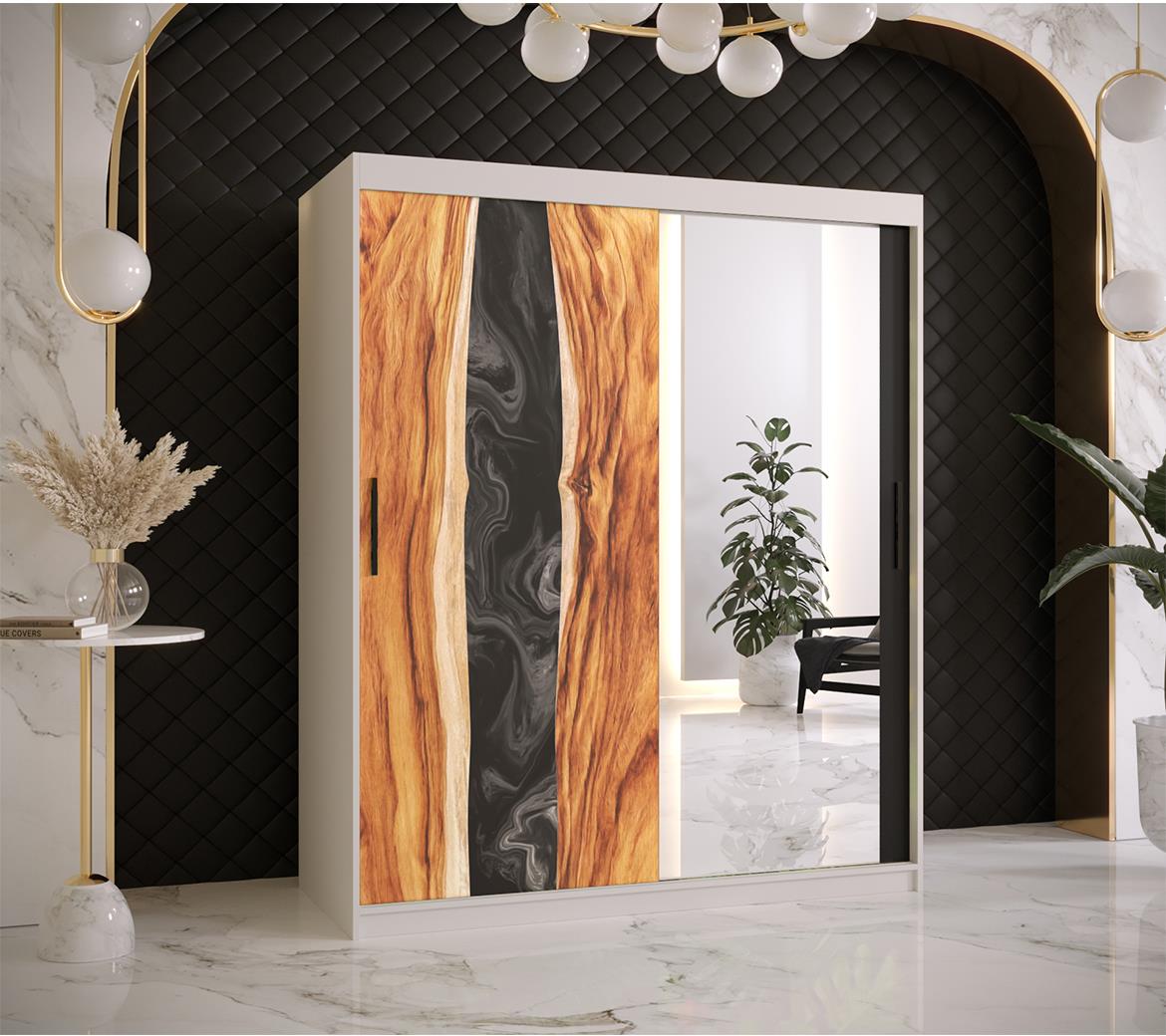 Resin II klizni ormar 2 vrata/ogledalo 150x62x200 cm crni/beli/motiv godova