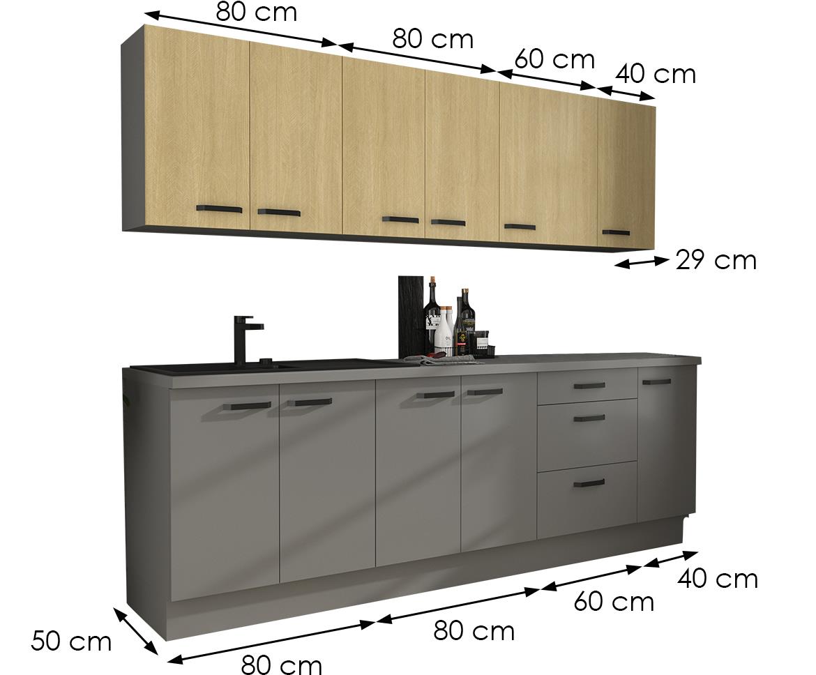 Scandi/Nessa kuhinja bez radne ploce 260x50x200 cm natur/tamno siva