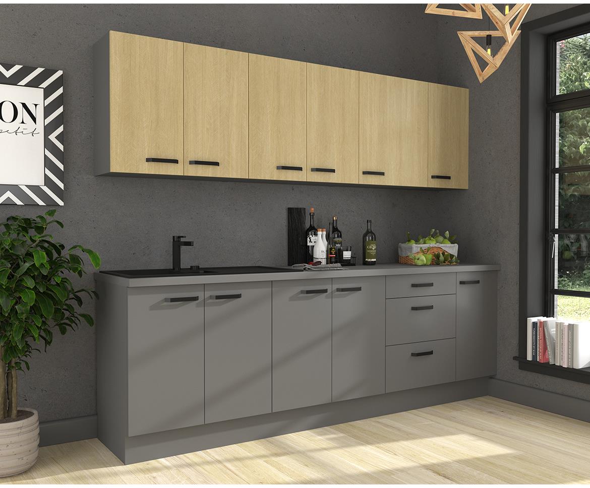 Scandi/Nessa kuhinja bez radne ploce 260x50x200 cm natur/tamno siva