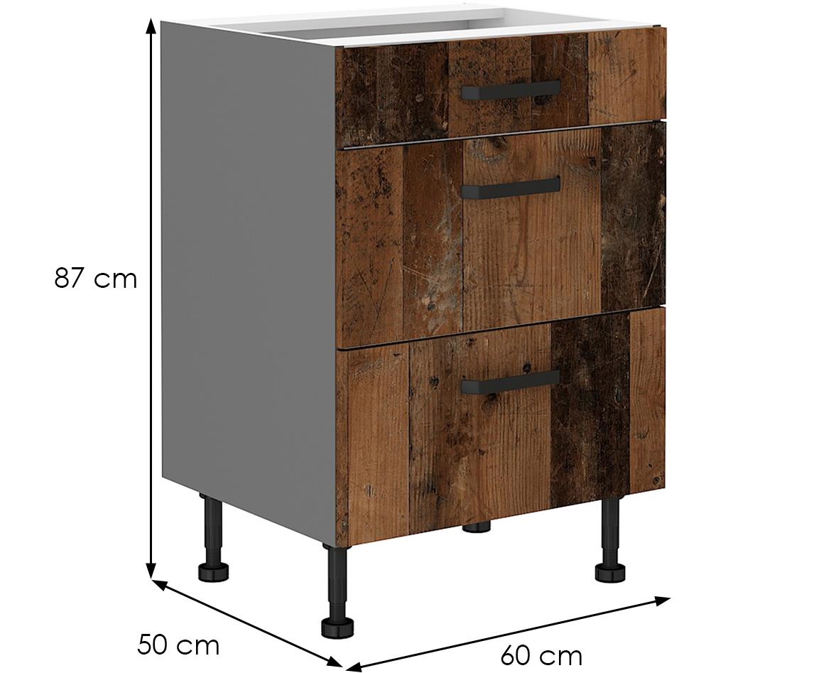 Tessa 60d 3s bb kuhinjski element 3 fioke 60x50x87 cm rustik drvo/tamno sivi
