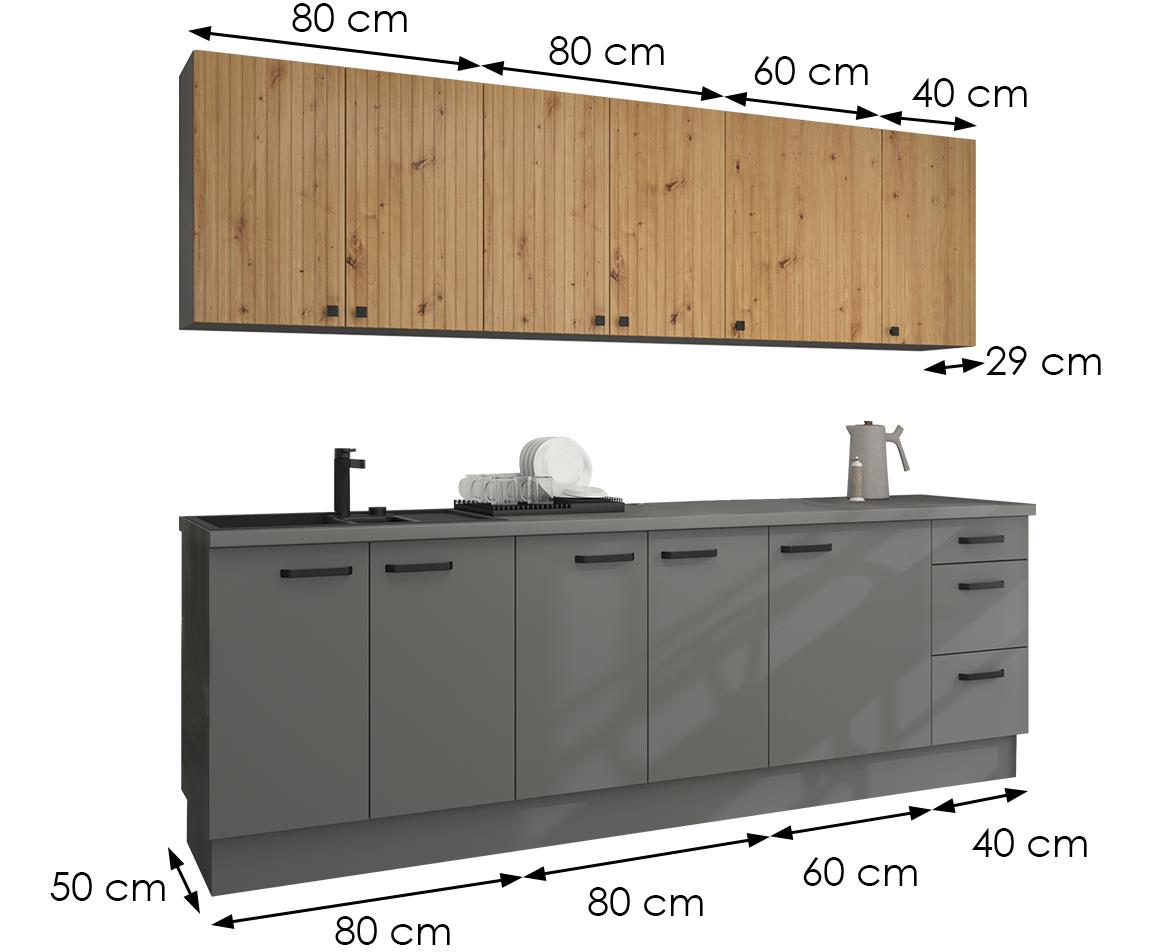 Ava/Nessa kuhinja bez radne ploce 260x50x200 cm natur(artisan hrast)/tamno siva