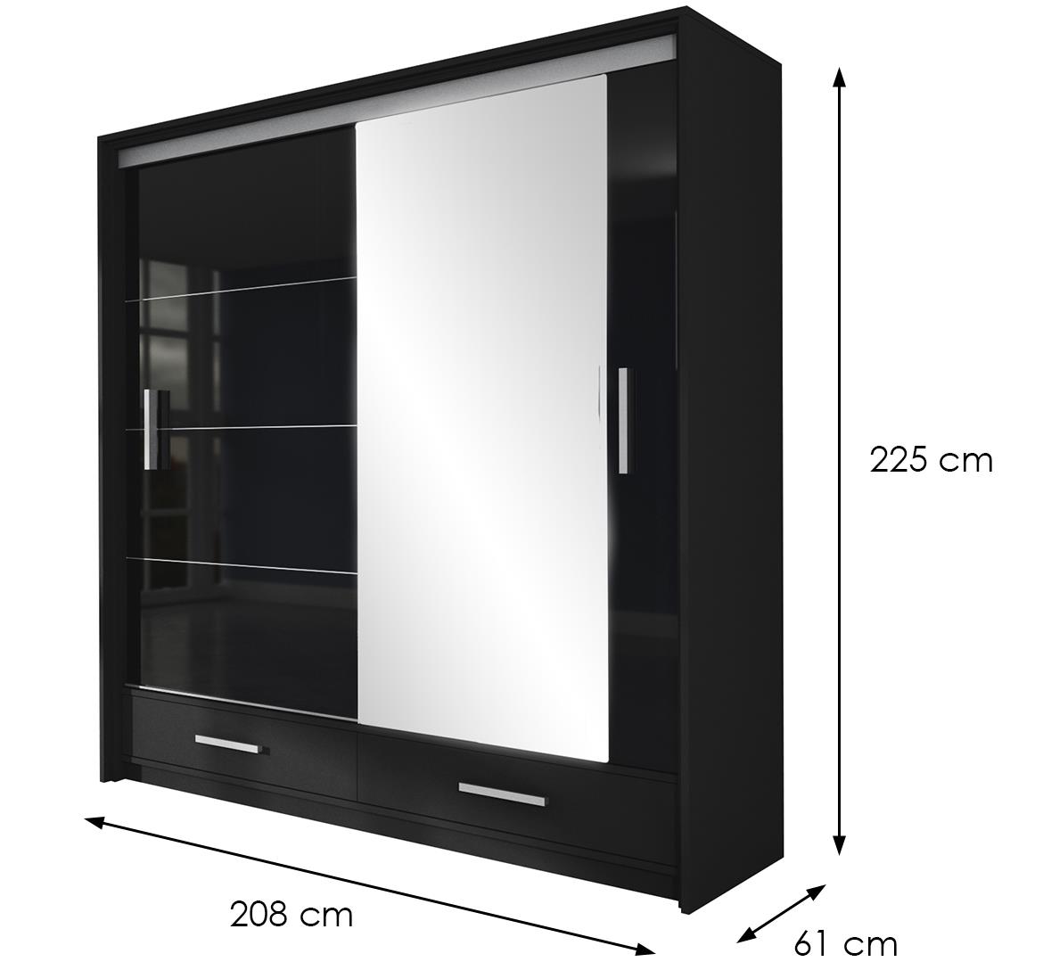 Marsylia klizni ormar/ogledalo2 vrata+2 fioke 208x61x225 cm crni visoki sjaj