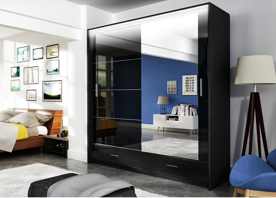 Marsylia klizni ormar/ogledalo2 vrata+2 fioke 208x61x225 cm crni visoki sjaj