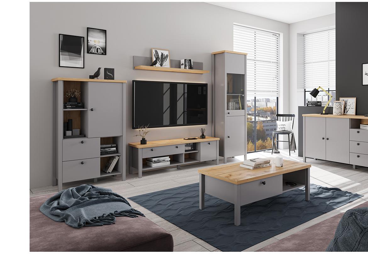Melini B TV komoda 1 vrata+1 fioka+3 otvora 146,6x38x46,6 cm siva/hrast
