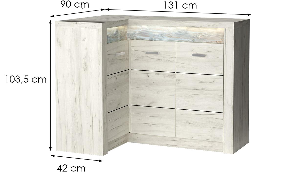 Indianapolis I15 ugaona komoda 3 vrata 131x42x103 cm bela