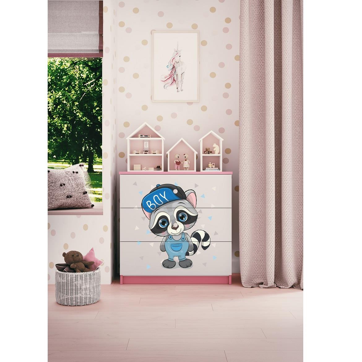 Babydreams komoda 3 fioke 81x41x80,5 cm bela/roze/print rakun