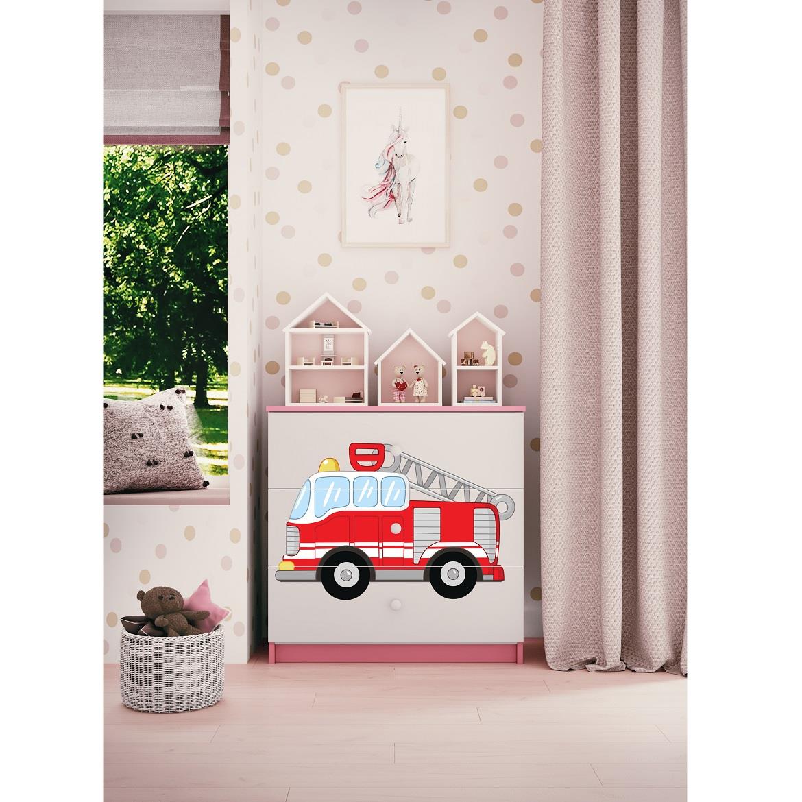 Babydreams komoda 3 fioke 81x41x80,5 cm bela/roze/print vatrogasni kamion