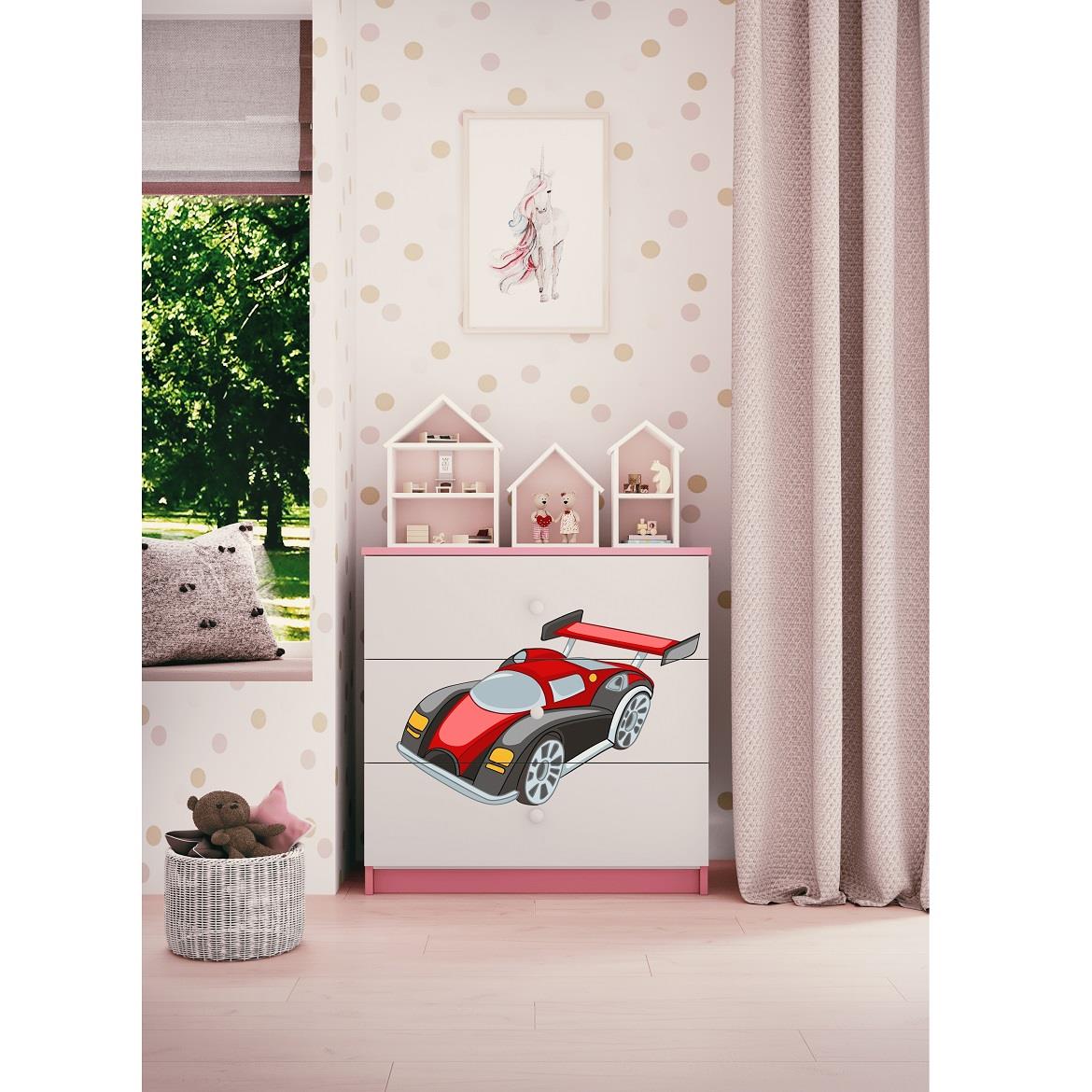 Babydreams komoda 3 fioke 81x41x80,5 cm bela/roze/print auto