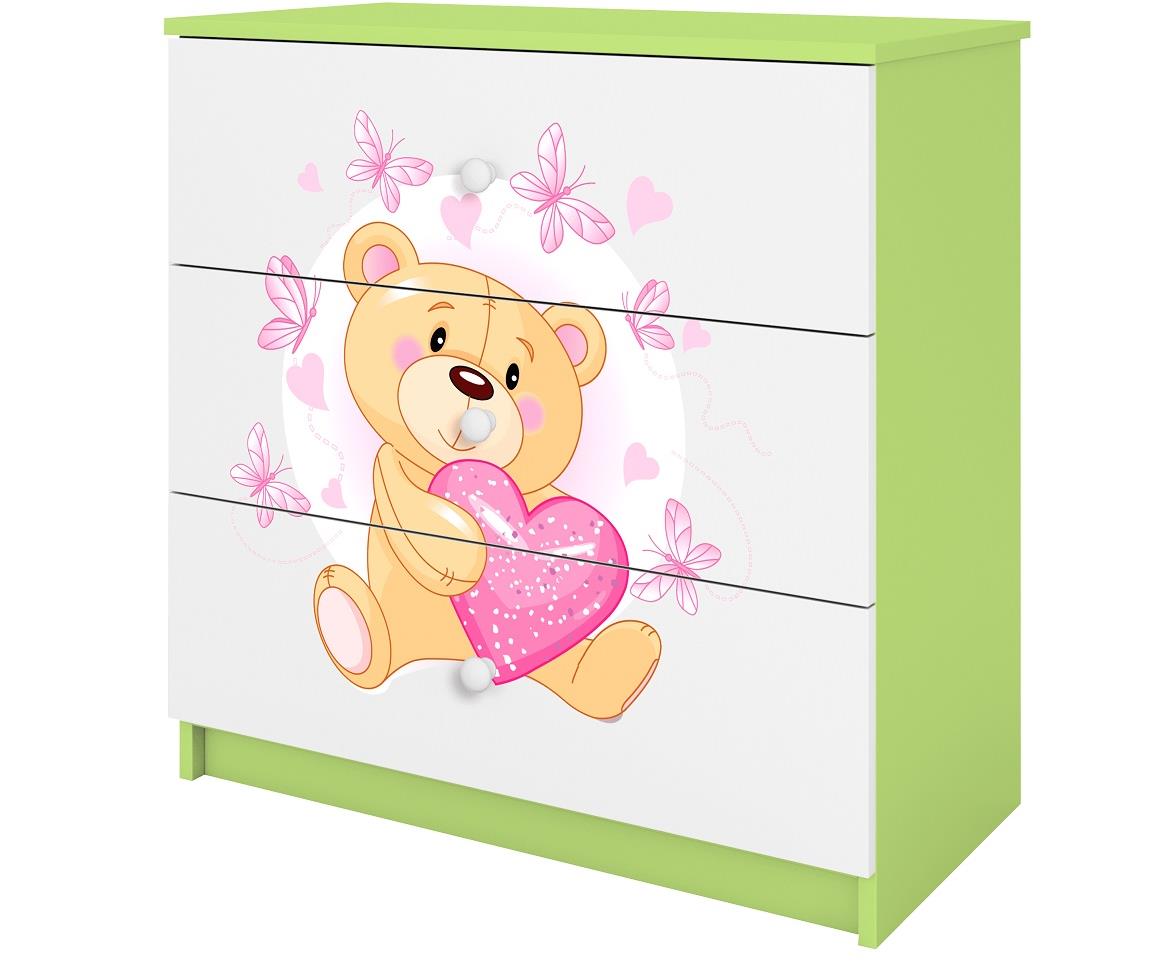 Babydreams komoda 3 fioke 81x41x80,5 cm bela/zelena/print medveda 2