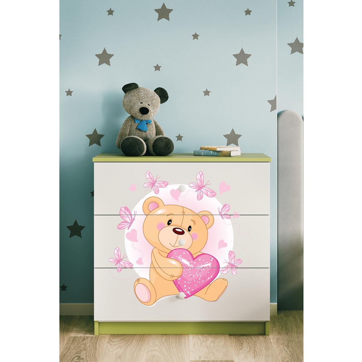 Babydreams komoda 3 fioke 81x41x80,5 cm bela/zelena/print medveda 2