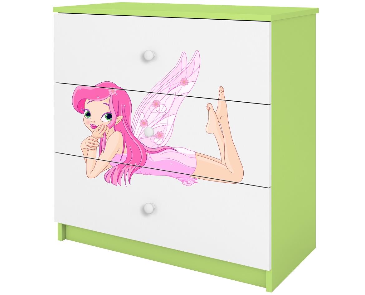 Babydreams komoda 3 fioke 81x41x80,5 cm bela/zelena/print vile 2