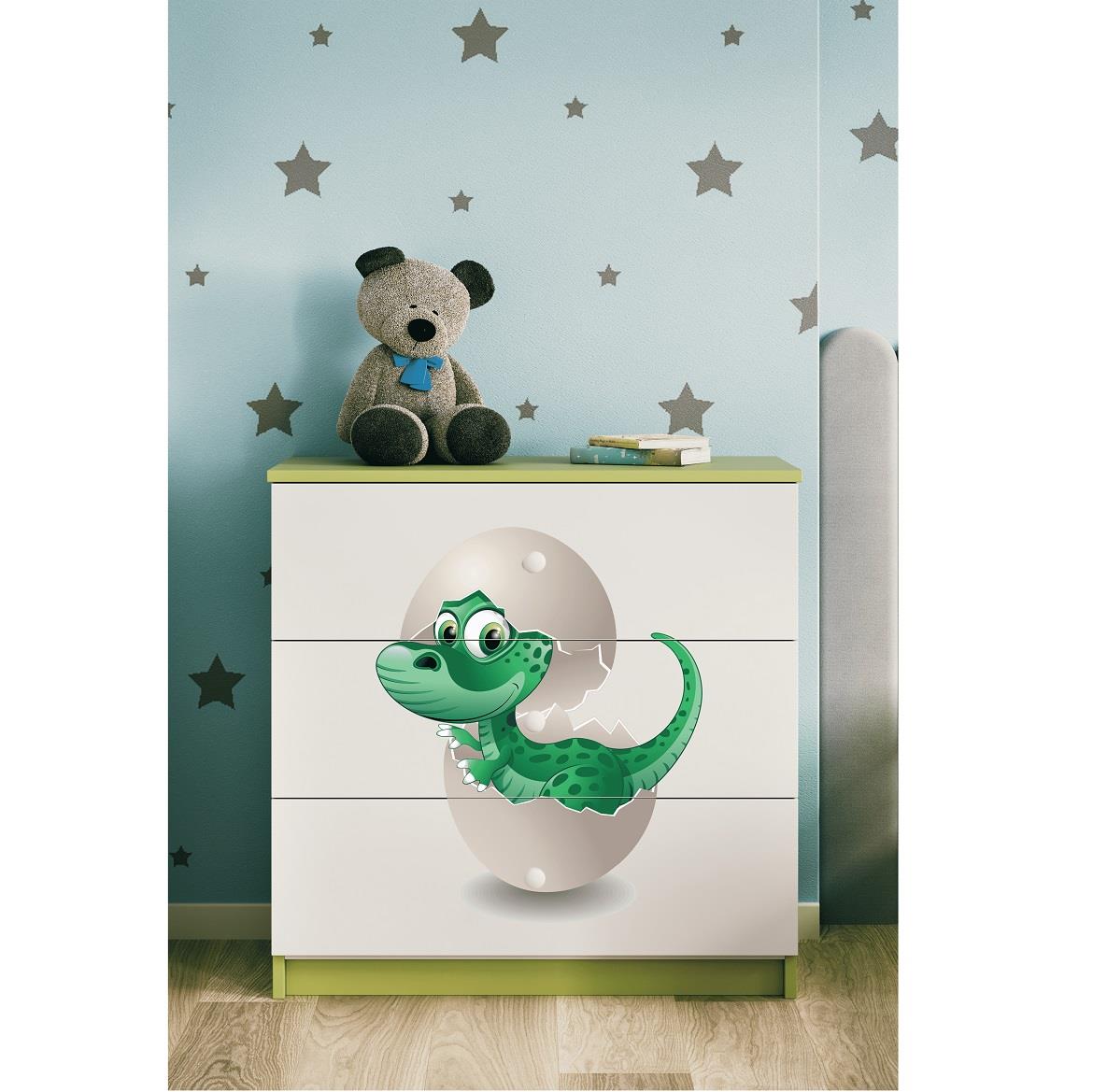 Babydreams komoda 3 fioke 81x41x80,5 cm bela/zelena/print dinosaurus