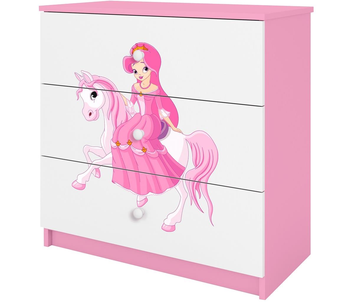 Babydreams komoda 3 fioke 81x41x80,5 cm bela/roze/print princeza