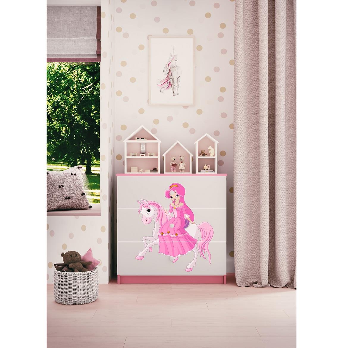 Babydreams komoda 3 fioke 81x41x80,5 cm bela/roze/print princeza