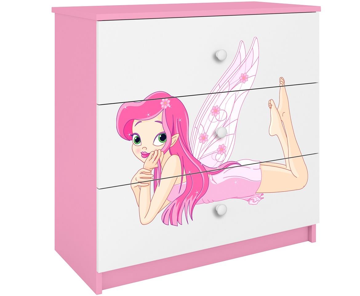 Babydreams komoda 3 fioke 81x41x80,5 cm bela/roze/print vile 2