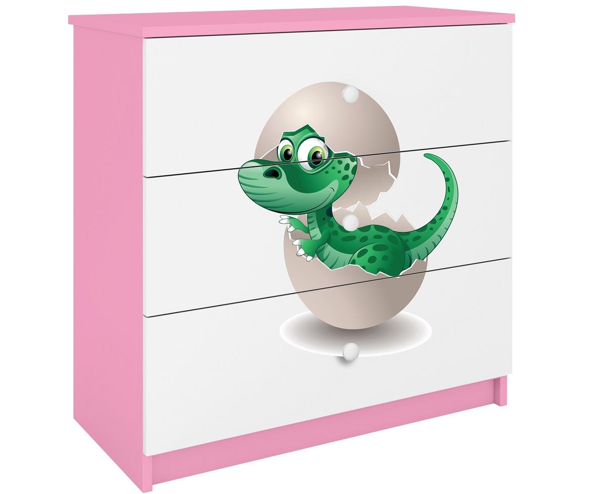 Babydreams komoda 3 fioke 81x41x80,5 cm bela/roze/print dinosaurus