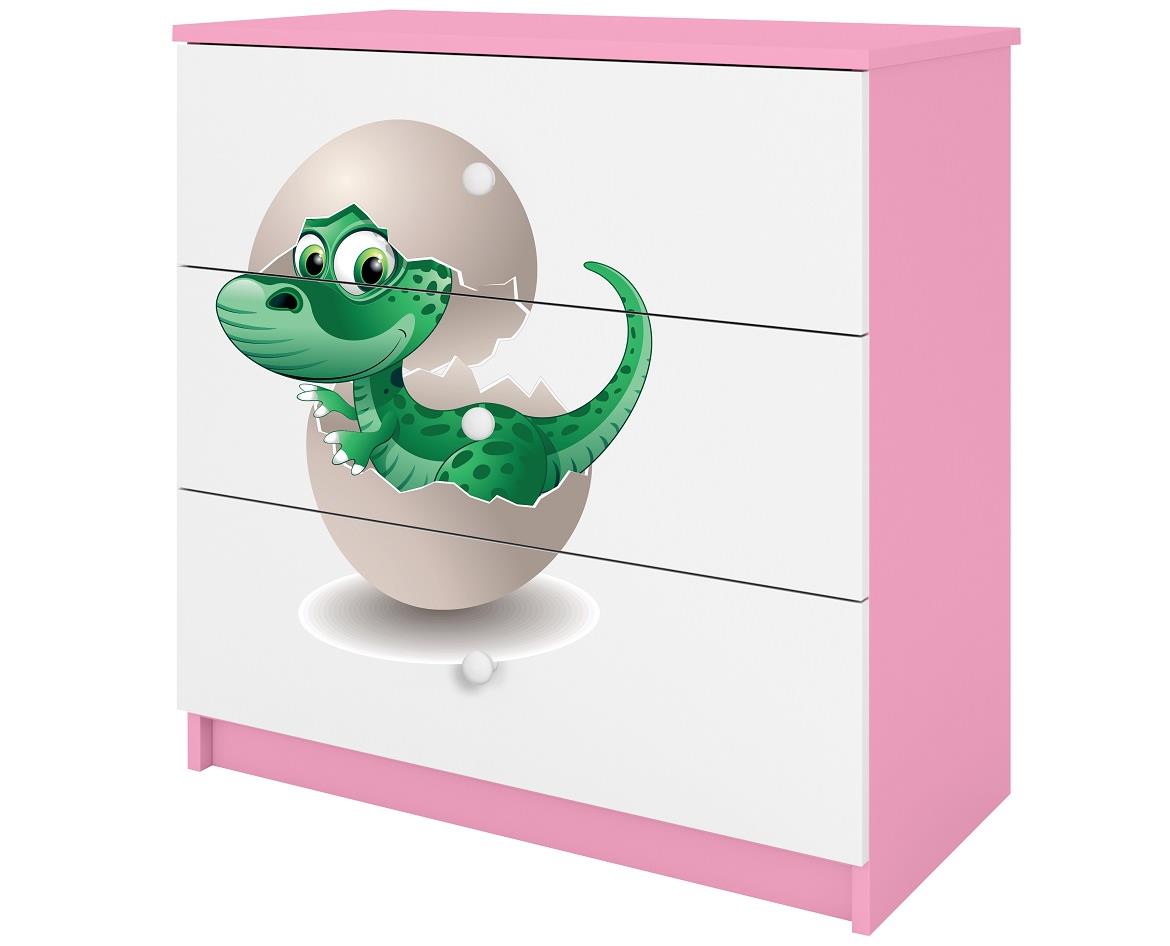 Babydreams komoda 3 fioke 81x41x80,5 cm bela/roze/print dinosaurus