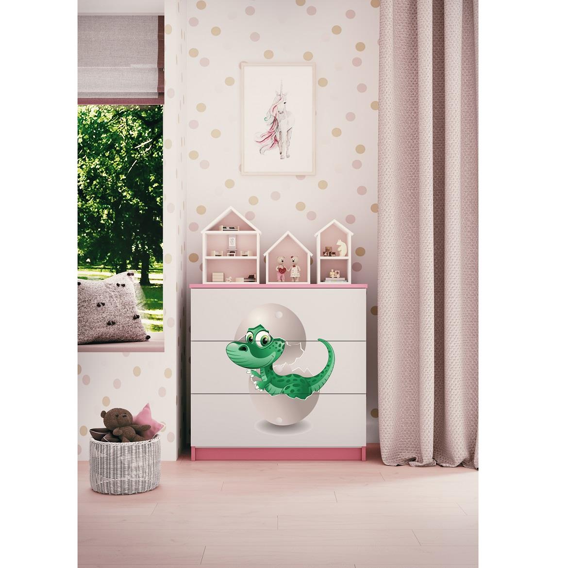 Babydreams komoda 3 fioke 81x41x80,5 cm bela/roze/print dinosaurus