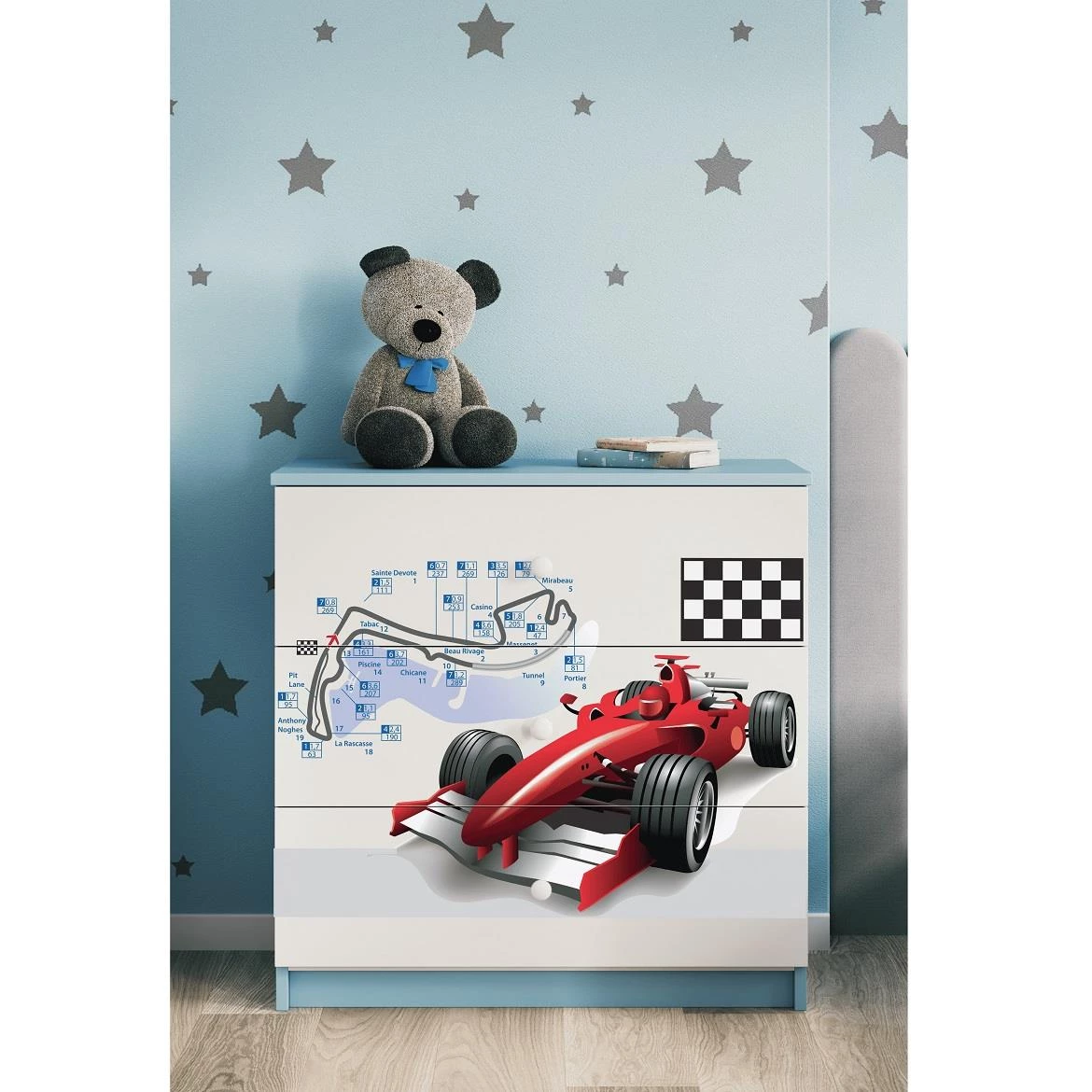 Babydreams komoda 3 fioke 81x41x80,5 cm bela/plava/print formula