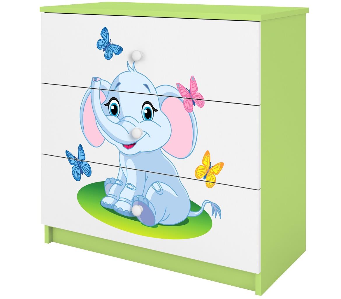 Babydreams komoda 3 fioke 81x41x80,5 cm bela/zelena/print slona