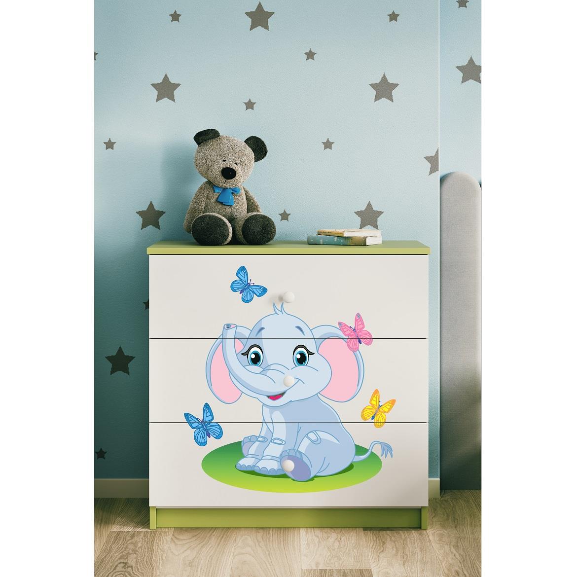 Babydreams komoda 3 fioke 81x41x80,5 cm bela/zelena/print slona