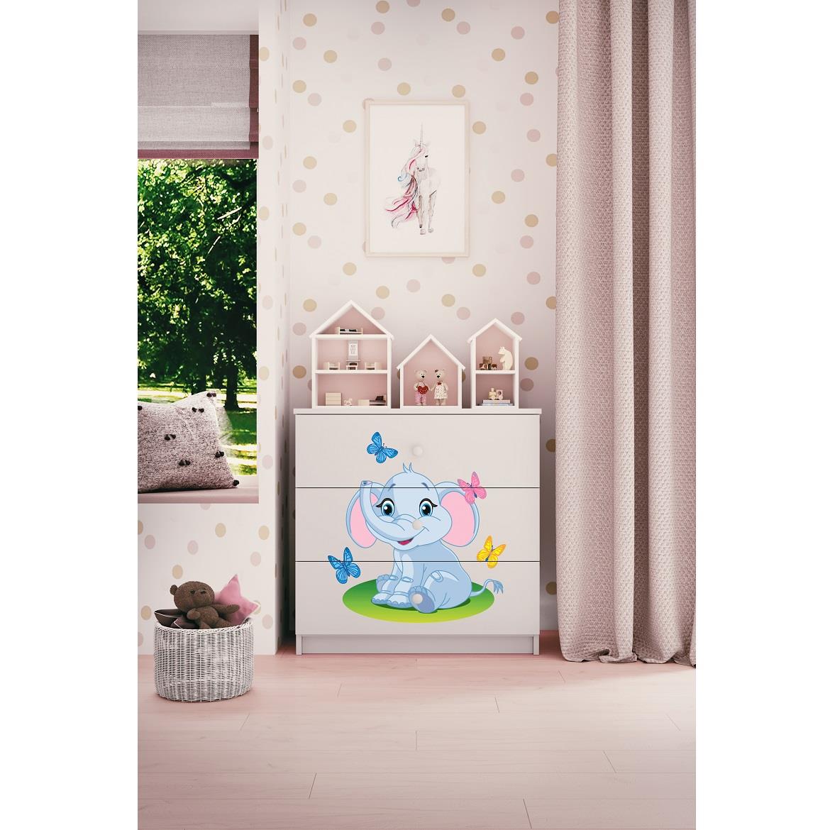 Babydreams komoda 3 fioke 81x41x80,5 cm bela/print slona