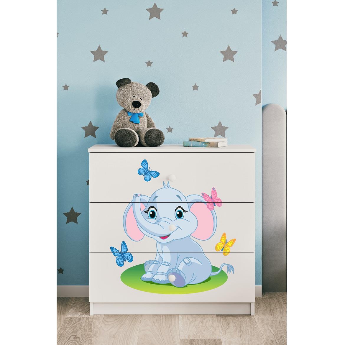 Babydreams komoda 3 fioke 81x41x80,5 cm bela/print slona