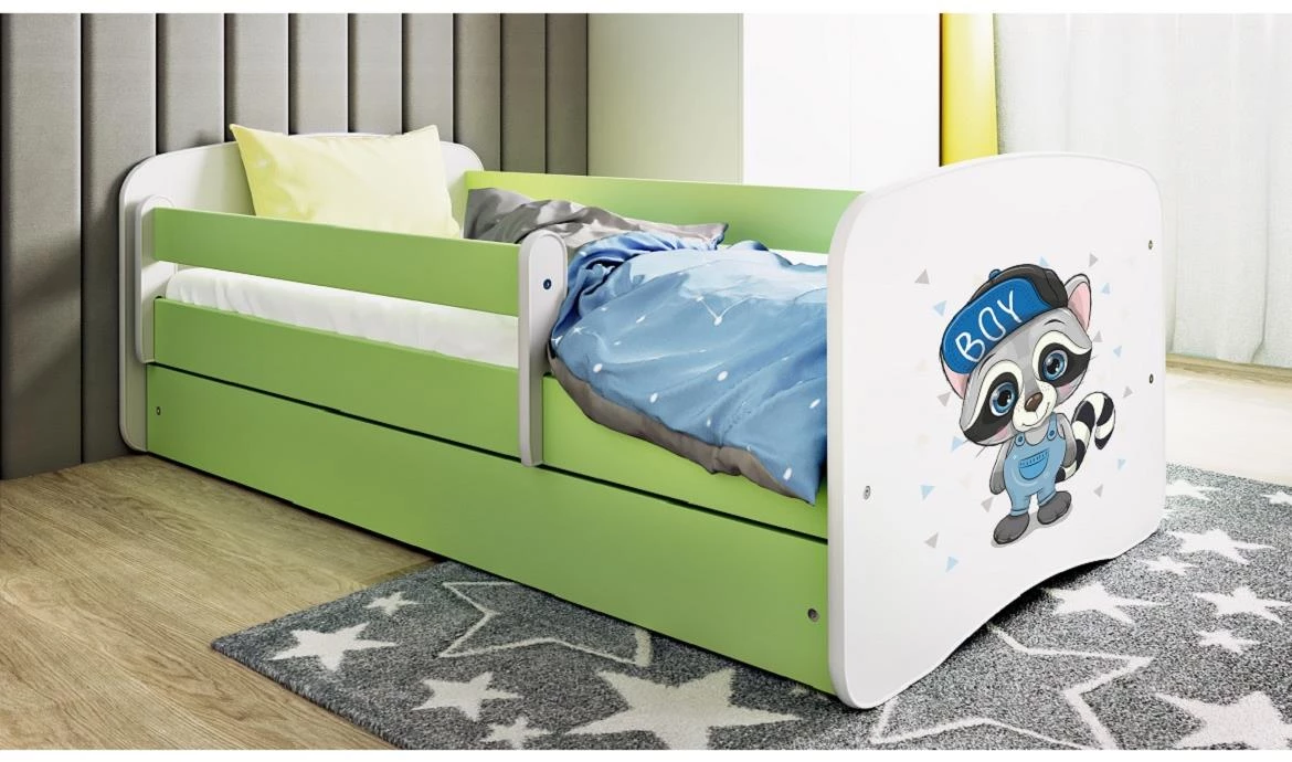 Babydreams krevet+podnica+dušek 80x144x61 cm beli/zeleni/print rakun