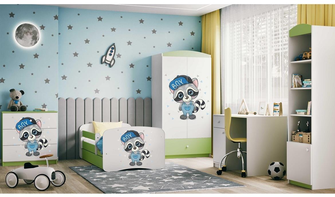 Babydreams krevet+podnica+dušek 80x144x61 cm beli/zeleni/print rakun