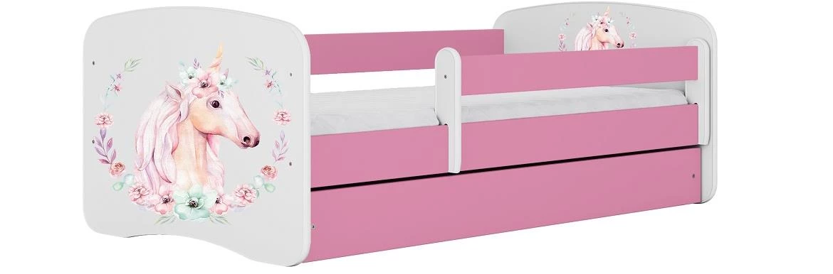 Babydreams krevet+podnica+dušek 90x184x61 cm beli/roze/print jednorog