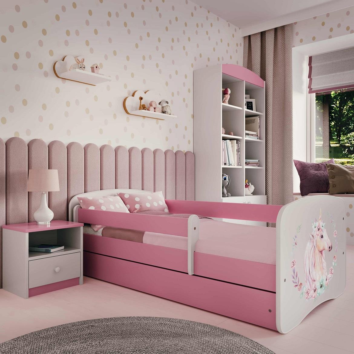 Babydreams krevet+podnica+dušek 90x184x61 cm beli/roze/print jednorog