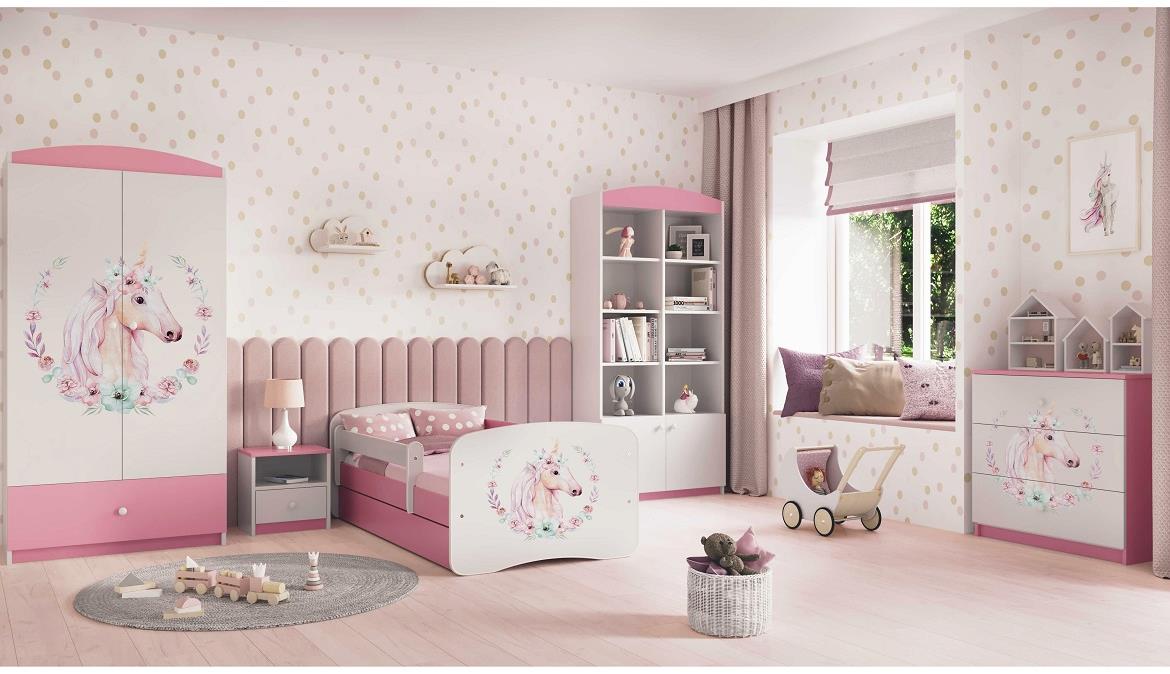 Babydreams krevet+podnica+dušek 90x184x61 cm beli/roze/print jednorog
