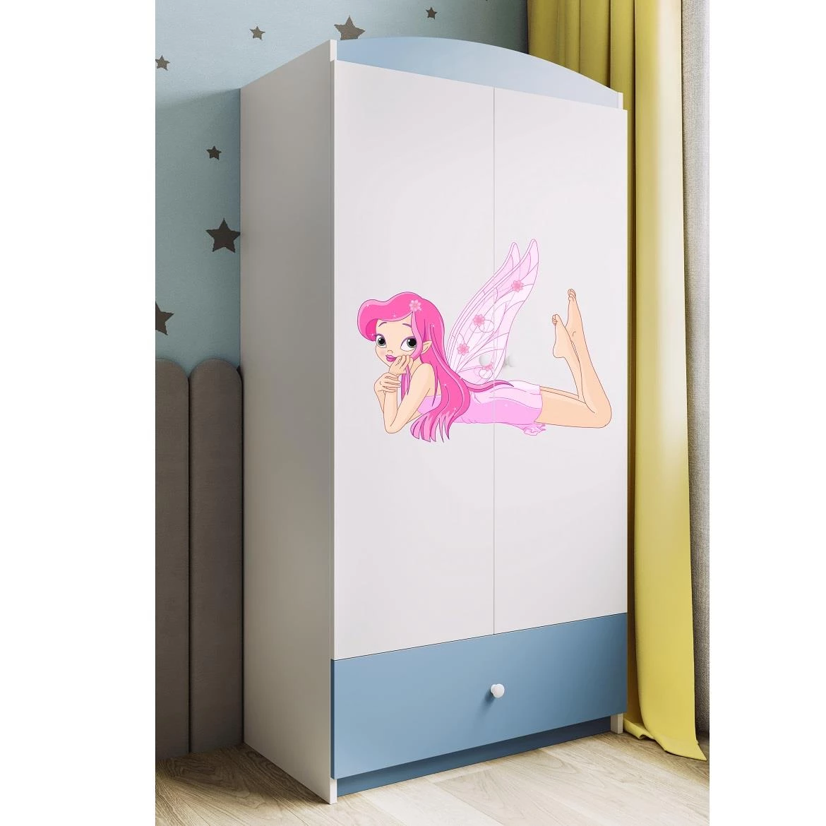 Babydreams ormar 2 vrata+1 fioka 90x57x187 cm beli/plavo/print vile 2