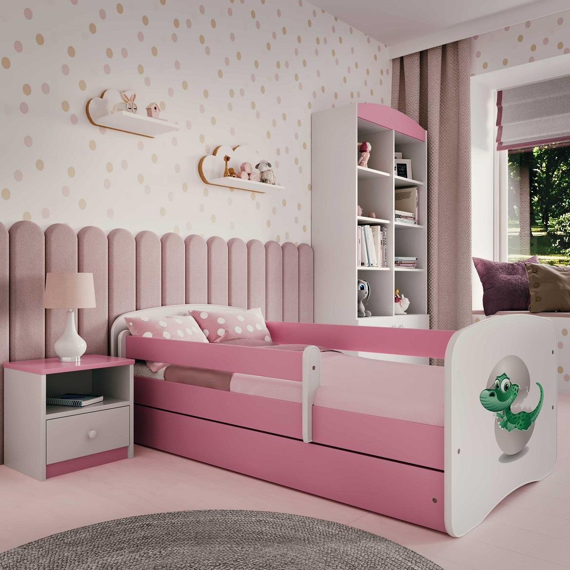 Babydreams krevet+podnica+dušek 90x184x61 cm beli/roze/print dinosaurus