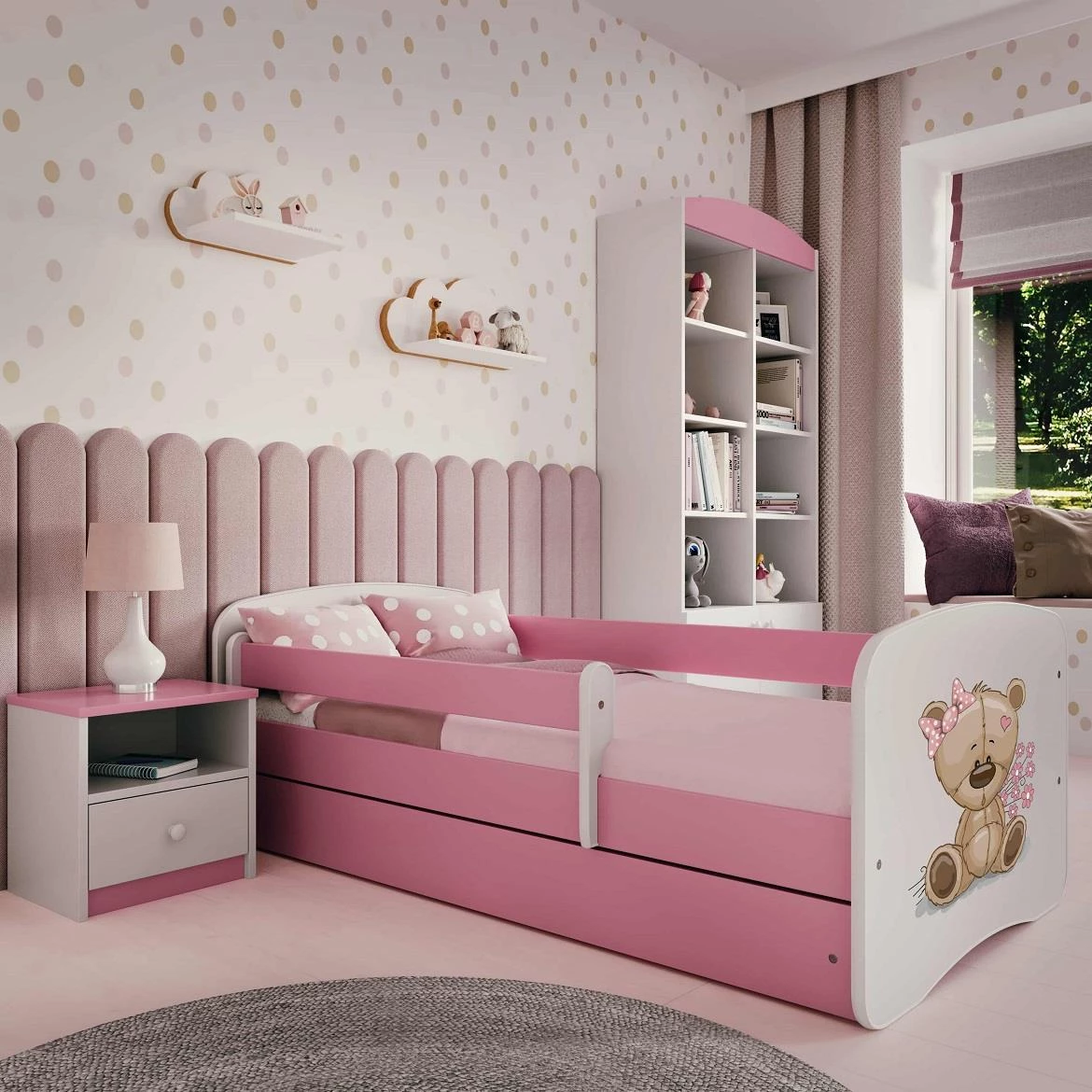 Babydreams krevet+podnica+dušek 90x184x61 cm beli/roze/print medveda
