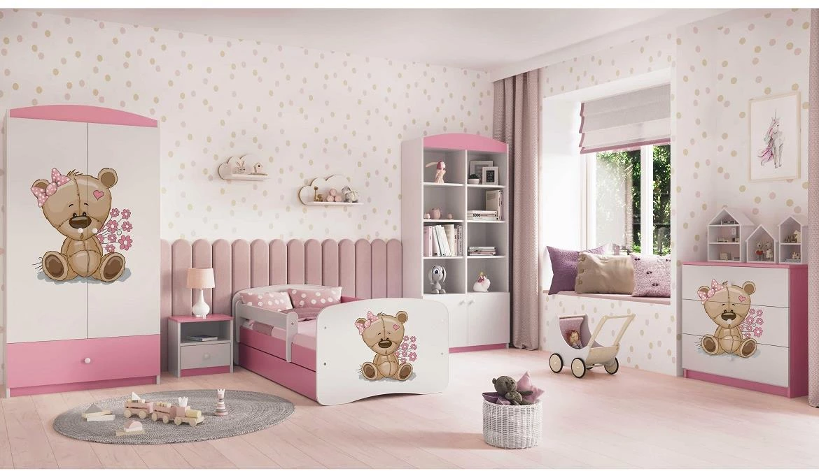 Babydreams krevet+podnica+dušek 90x184x61 cm beli/roze/print medveda