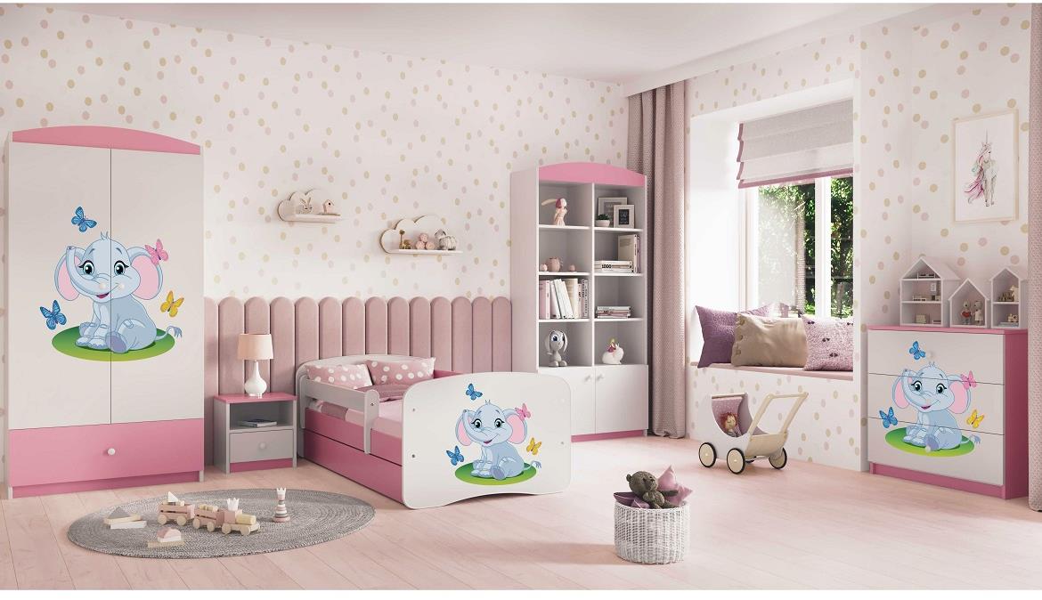 Babydreams krevet+podnica+dušek 90x184x61 cm beli/roze/print slona
