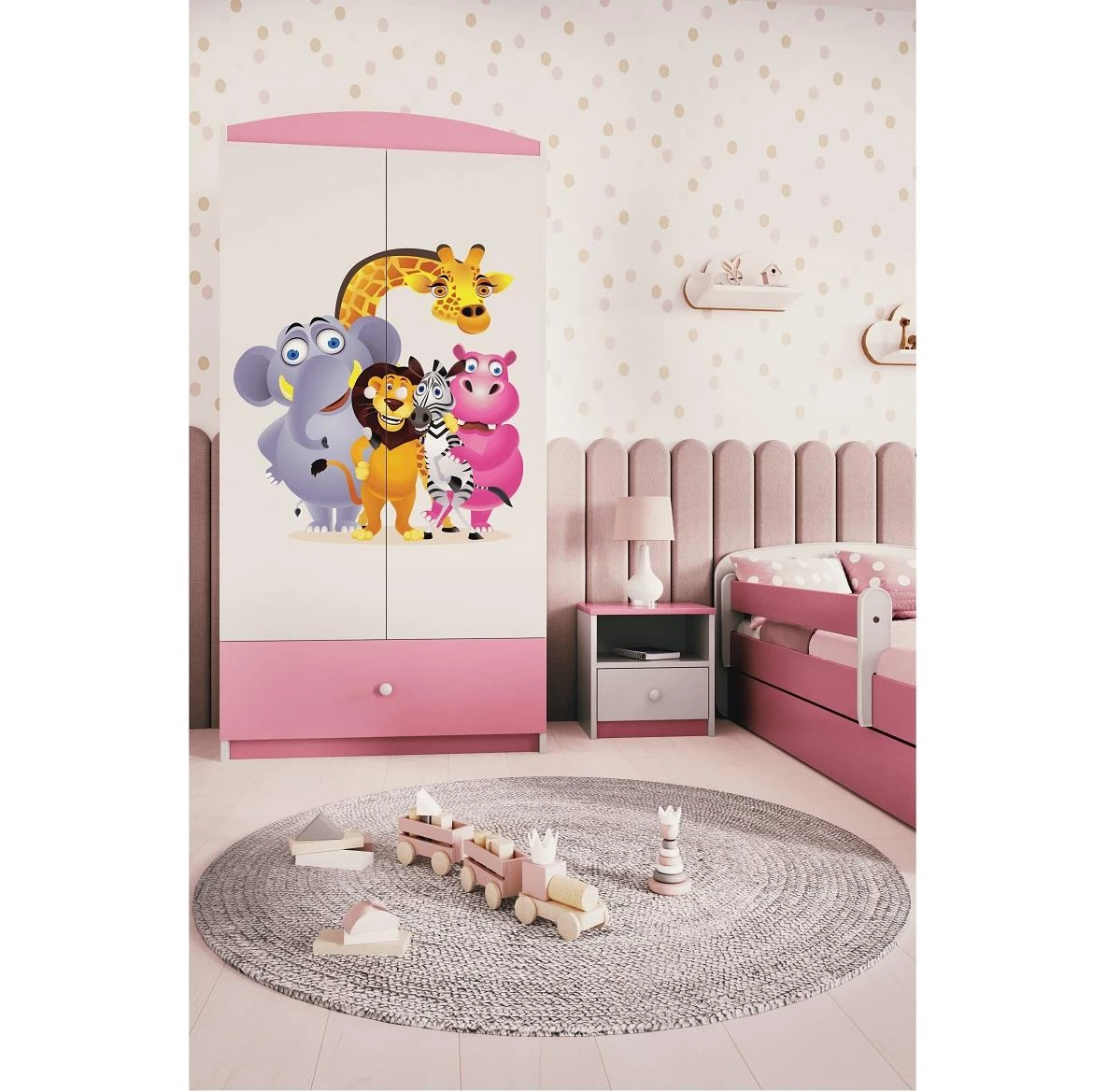 Babydreams ormar 2 vrata+1 fioka 90x57x187 cm beli/roze/print zoo