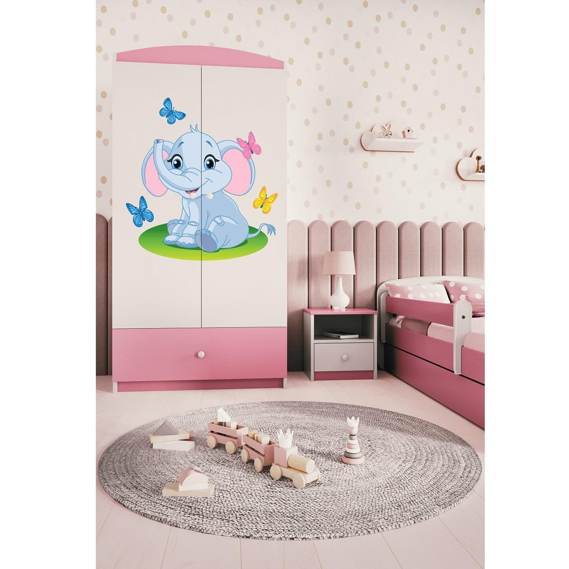 Babydreams ormar 2 vrata+1 fioka 90x57x187 cm beli/roze/print slona