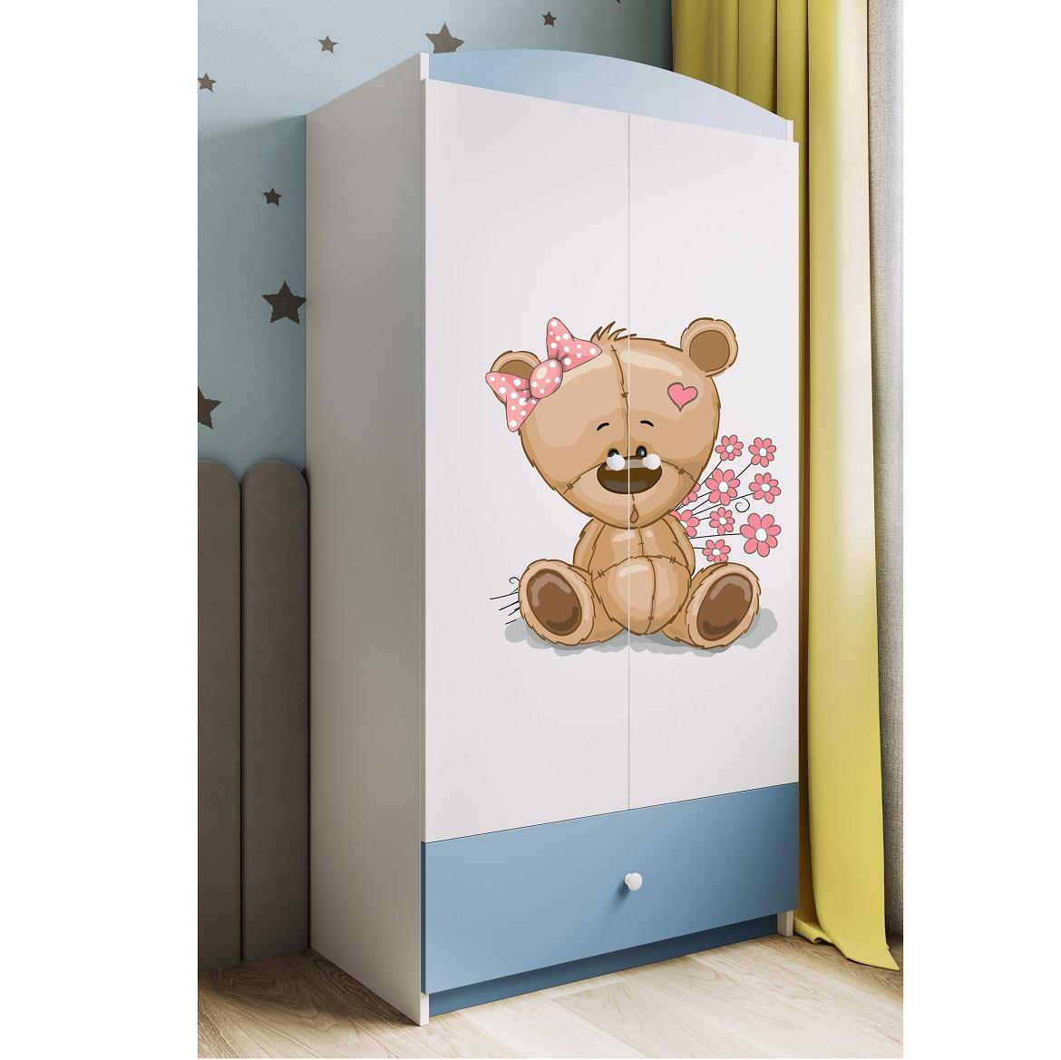 Babydreams ormar 2 vrata+1 fioka 90x57x187 cm beli/plavo/print medveda