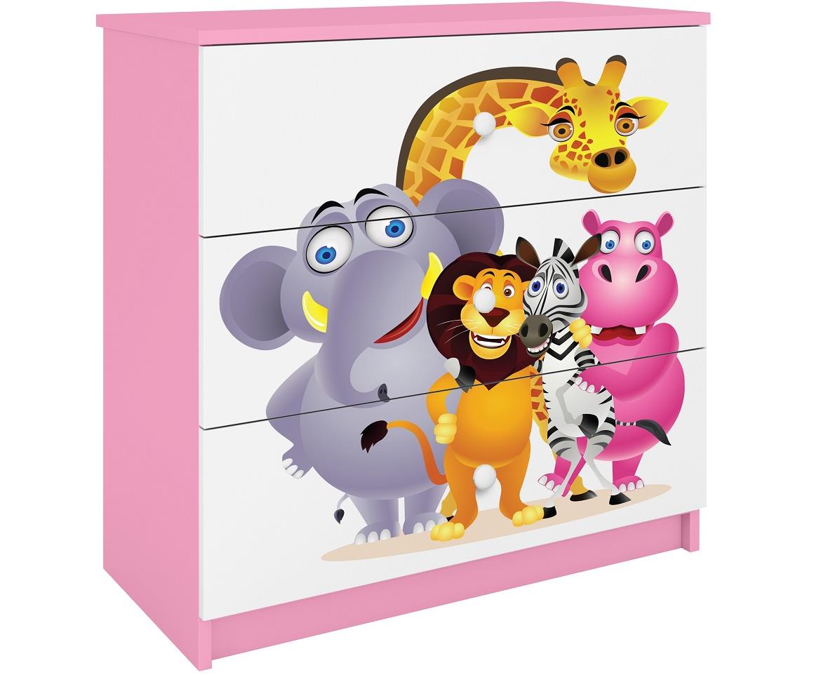 Babydreams komoda 3 fioke 81x41x80,5 cm roze/bela/print zoo